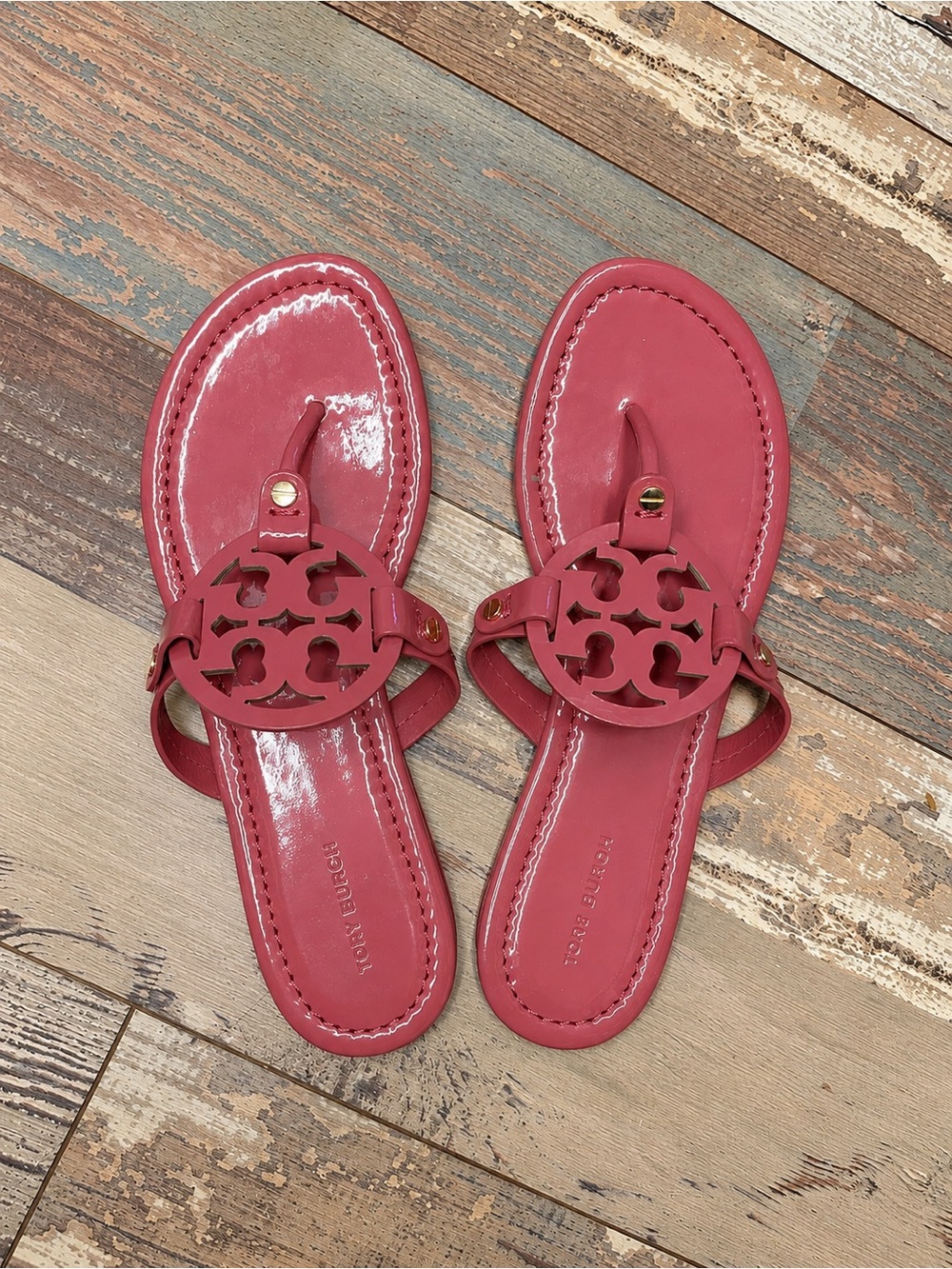 Tory Burch Millers, patent leather sandals in berry color
